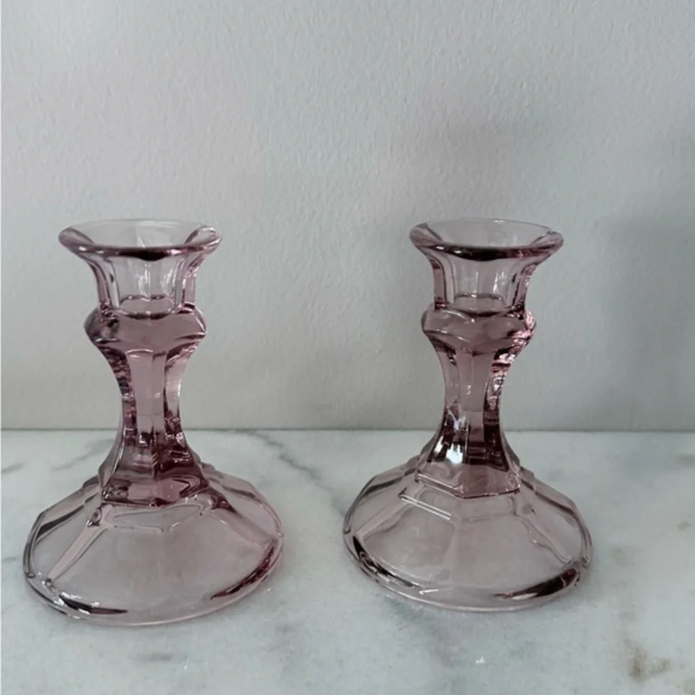 a pair of vintage Libbey 'Brandywine' amethyst glass candle holders.